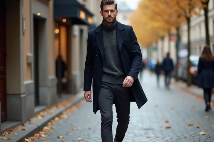 Homme stylé en manteau marine et pull col roulé marchant dans une rue pavée européenne en automne