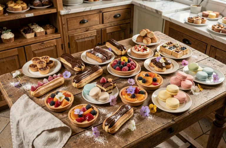 Assortiment de pâtisseries artisanales et desserts gourmands de saison disposés sur une table en bois rustique dans une pâtisserie française