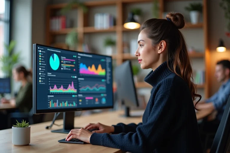 Femme professionnelle consultant des tendances web et analytics digitales sur un écran ultrawide dans un espace de coworking moderne en 2024