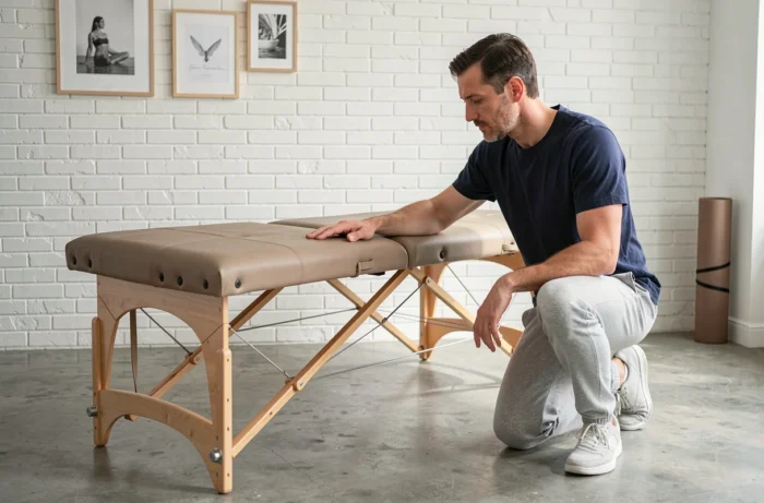 Homme testant la fermeté du rembourrage d'une table de massage pliante dans un espace bien-être à domicile