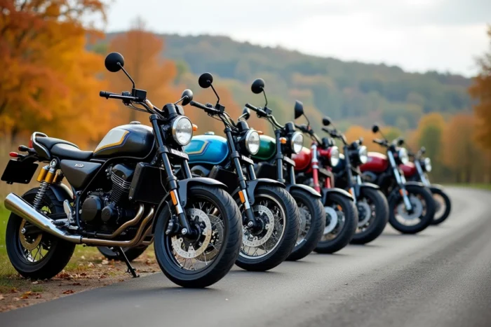 Collection de motos 50cc homologuées alignées sur une route de campagne française en 2024
