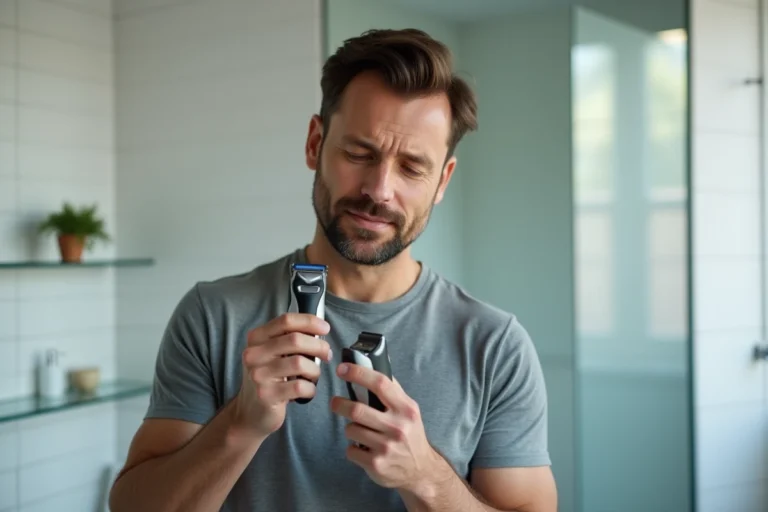 Homme tenant un rasoir OneBlade et une lame 360 pour vérifier leur compatibilité dans une salle de bain moderne