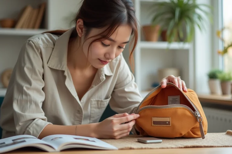 Jeune femme inspectant l'étiquette intérieure d'un sac Cabaia pour vérifier son authenticité
