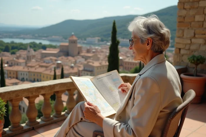 Femme consultant une carte sur une terrasse en pierre avec vue panoramique sur une ville européenne durable en 2050