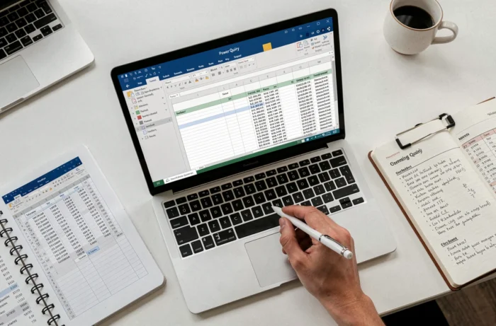 Vue aérienne d'un écran Excel affichant Power Query avec des notes et rapports sur un bureau blanc