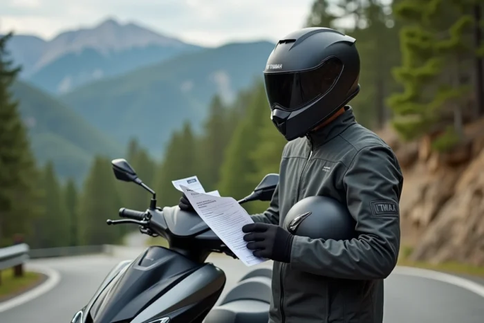 Journaliste moto analysant le prix du Yamaha TMAX 750 sur une route de montagne avec brochure en main