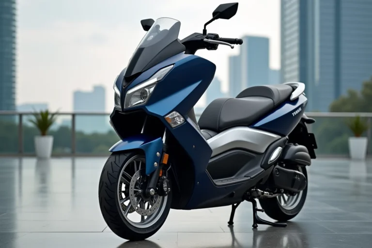 Yamaha TMAX 750 garé en milieu urbain, vue trois quarts avant, design futuriste et carénage bleu nuit
