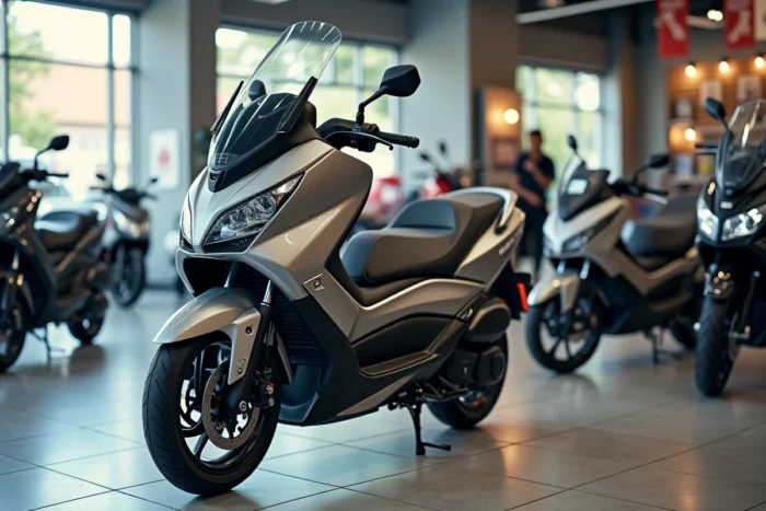 Yamaha TMAX 750 exposé dans une concession moto moderne avec étiquettes de prix et bannières promotionnelles